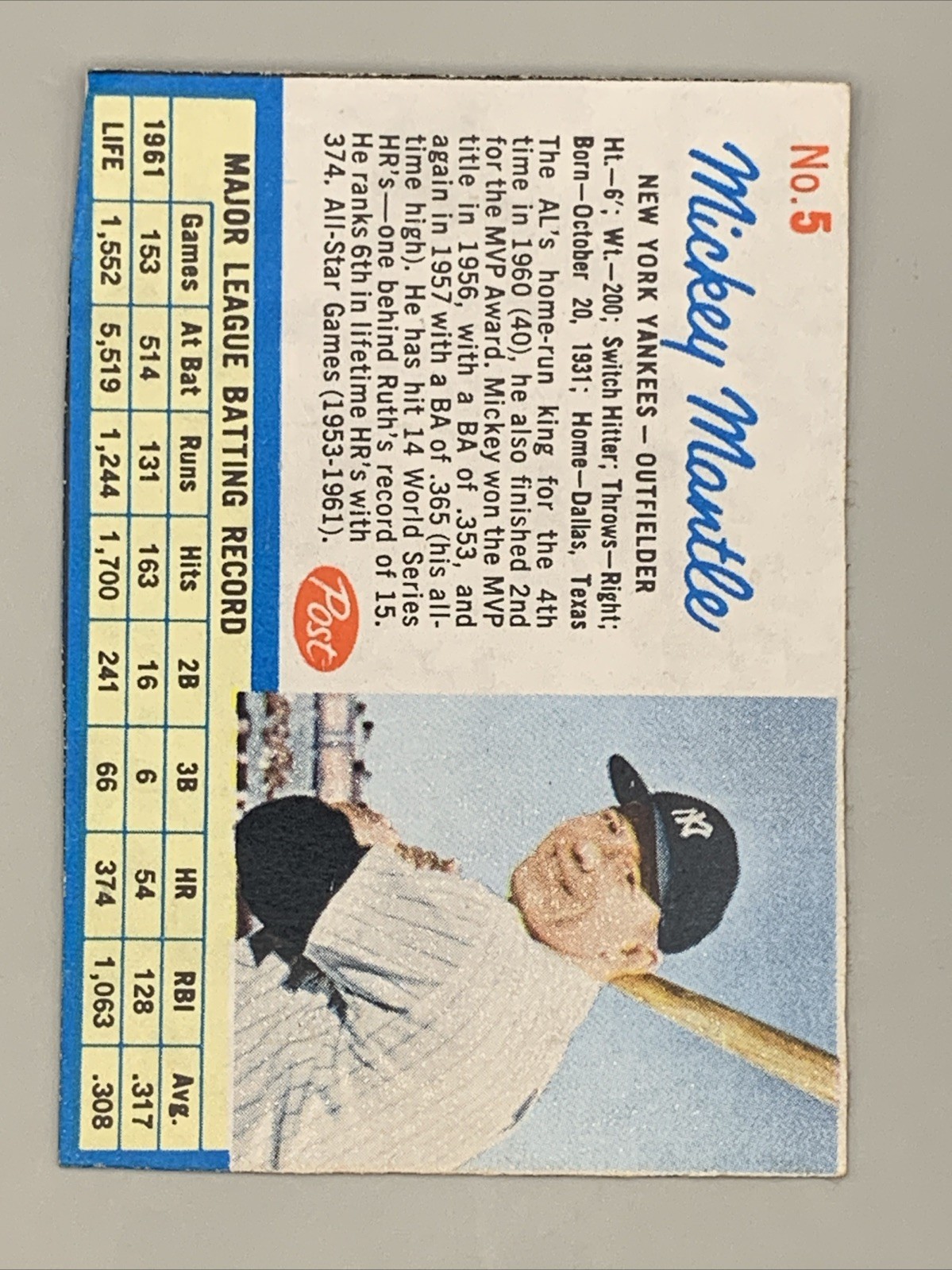 1962 Post Cereal (hand Cut) #5 Mickey Mantle New York Yankees Small Crease