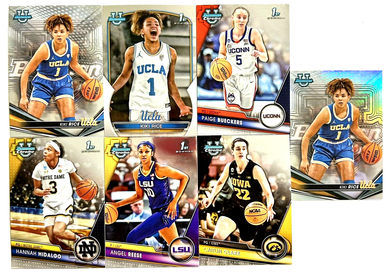 7 CAITLIN CLARK/REESE/PAIGE/KIKI/HIDALGO 2023 BOWMAN CHROME #34/#49 ROOKIE LOT