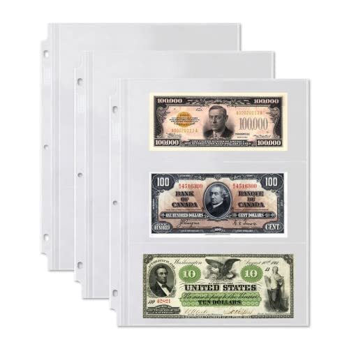 25 Sheets Currency Sleeves for Paper Money Collection Album with 3 Pockets