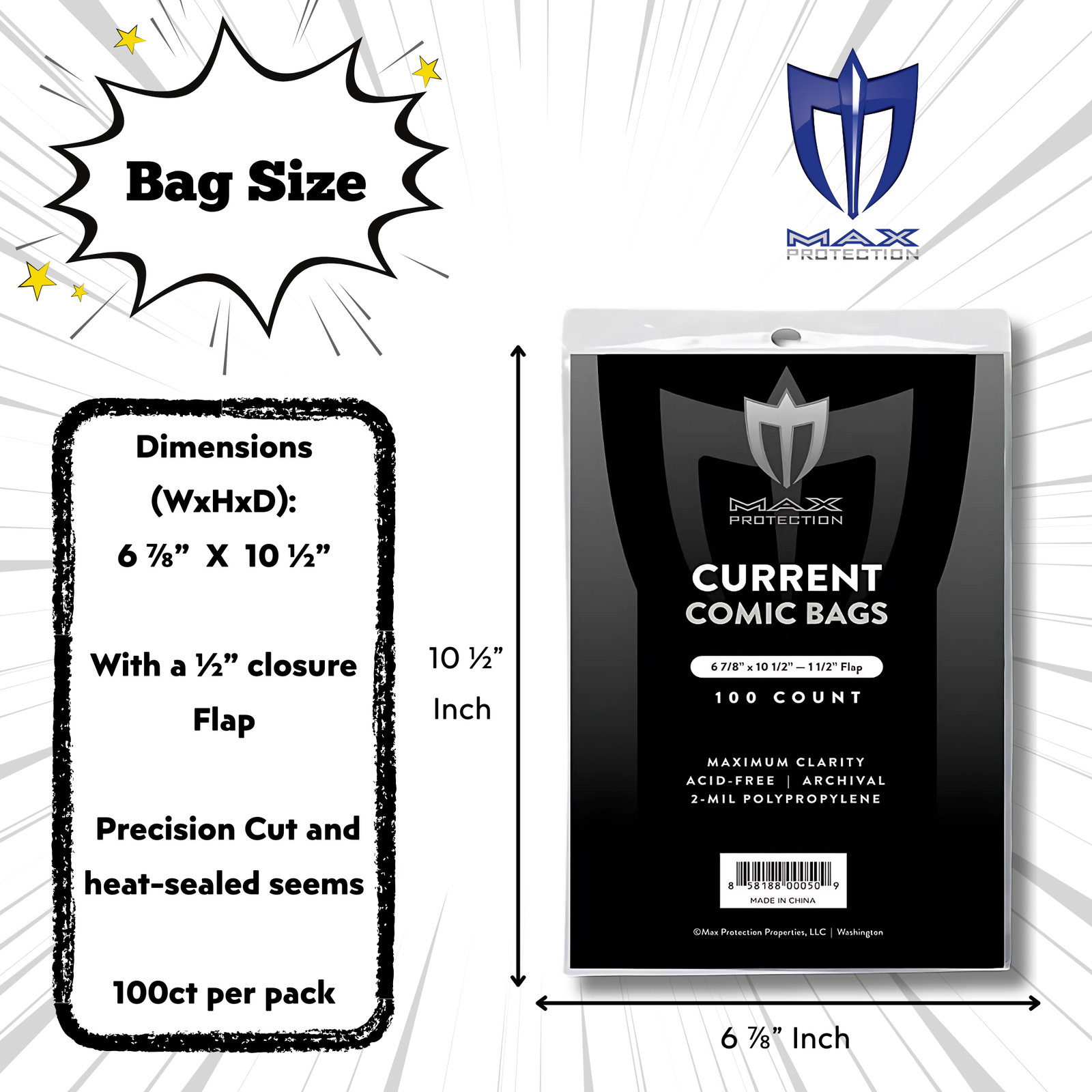 500 Current Comic Book Acid Free 2 Mil Clear Poly Bags 6 7/8 X 10 1/2 By Max Pro