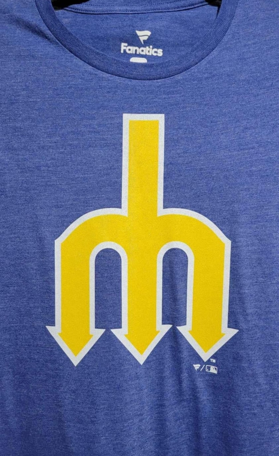 Fanatics Seattle Mariners MLB Blue Shirt Yellow Trident Logo Men’s Size M