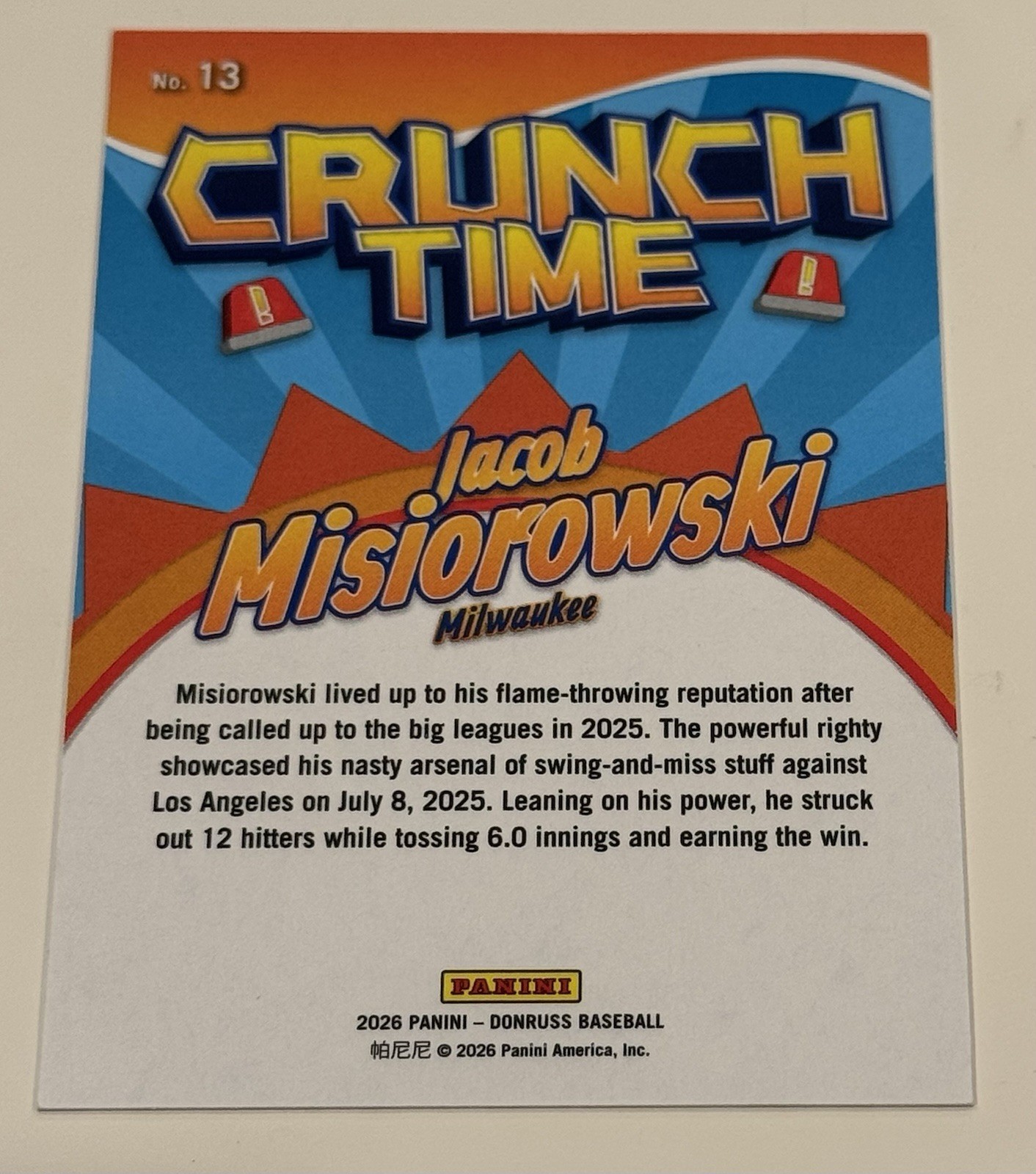 2026 Donruss Baseball Jacob Misiorowski RC Crunch Time Silver Holo Foil /199 #13