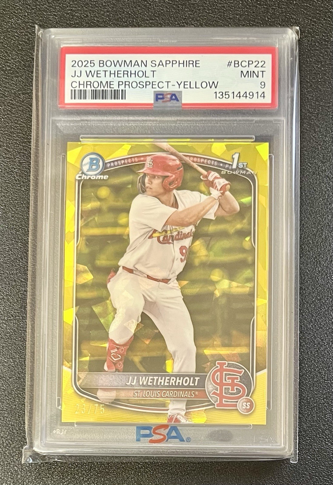 JJ Wetherholt 2025 Bowman Chrome Sapphire Yellow /75 PSA 9