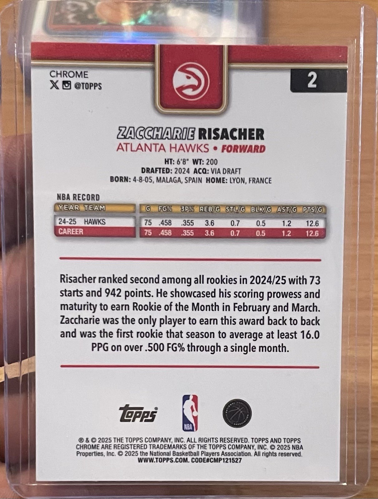 2025-26 Topps Chrome – Zaccharie Risacher #2 Yellow Basketball Refractor /275