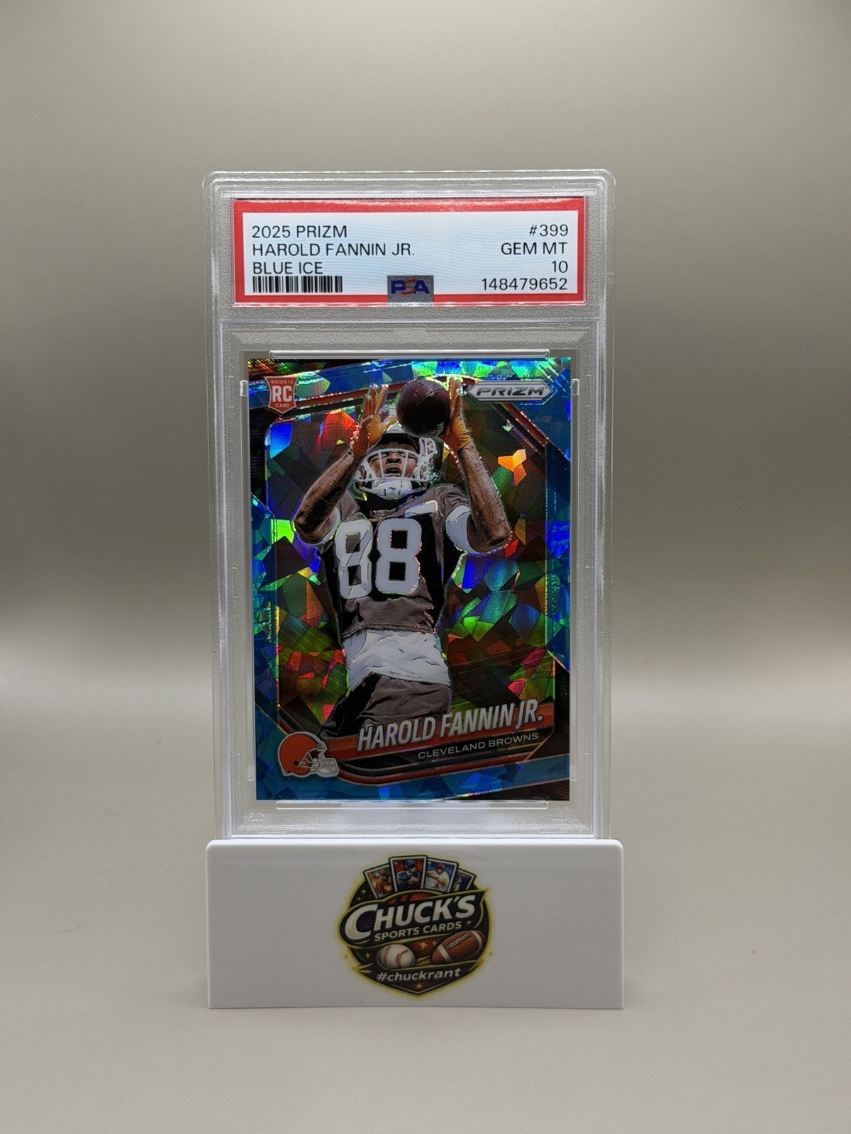 2025 Panini Prizm – Rookies Harold Fannin Jr. #399 Blue Ice Prizm /99 PSA 10