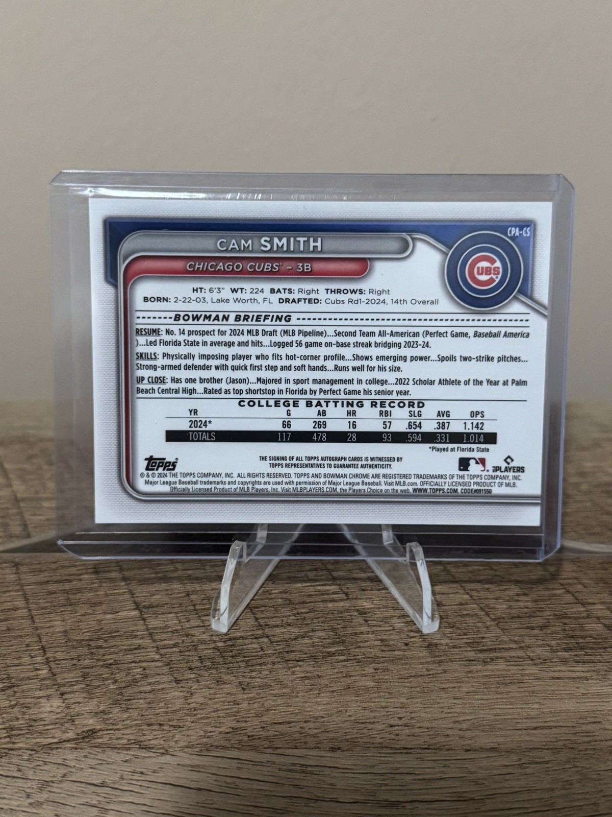 Cam Smith 2024 Bowman Draft #CPA-CS 1st Bowman Chrome Prospect Auto Cubs