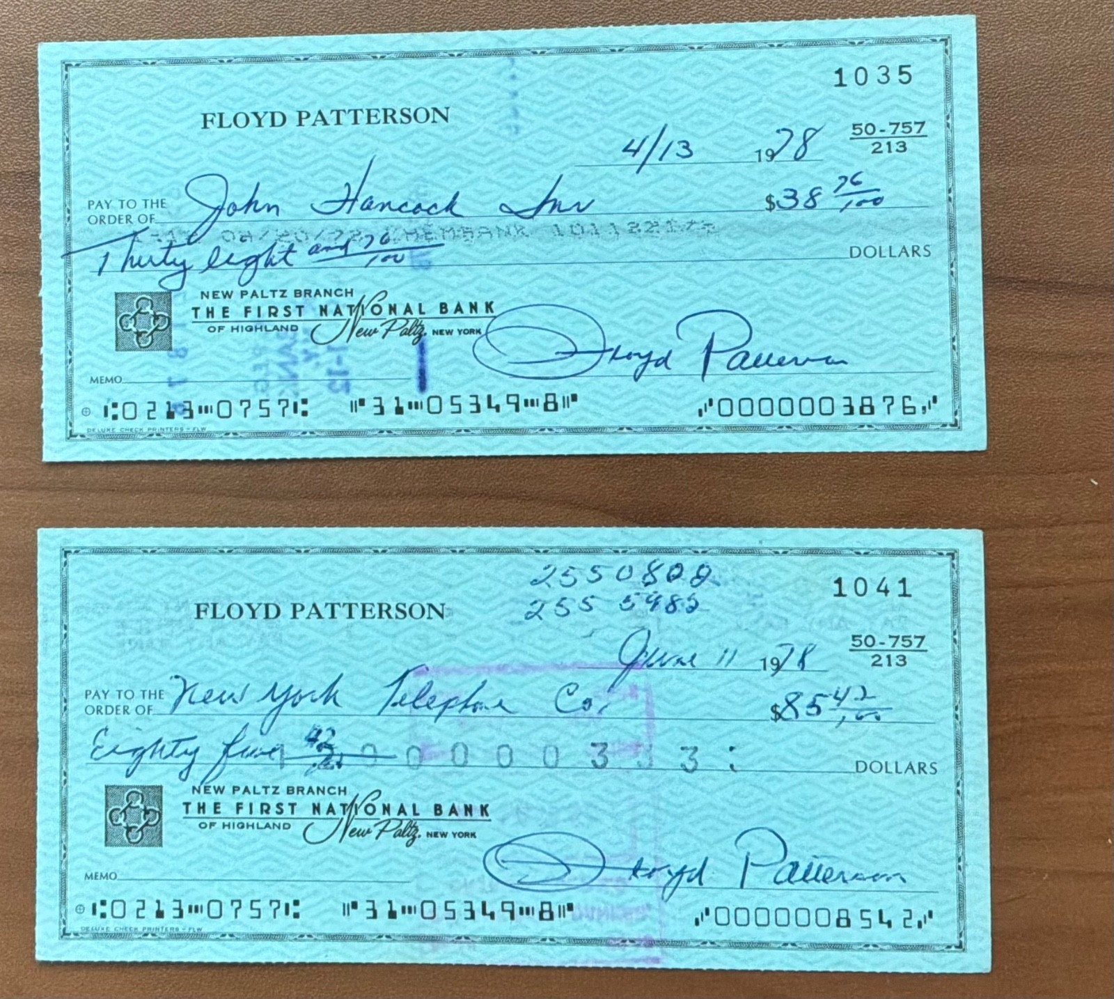 Floyd Patterson Autograph Two Hand Signed Vintage Checks Both From 1978