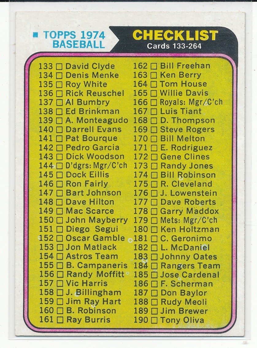 1974 Topps Baseball Checklist 133-264