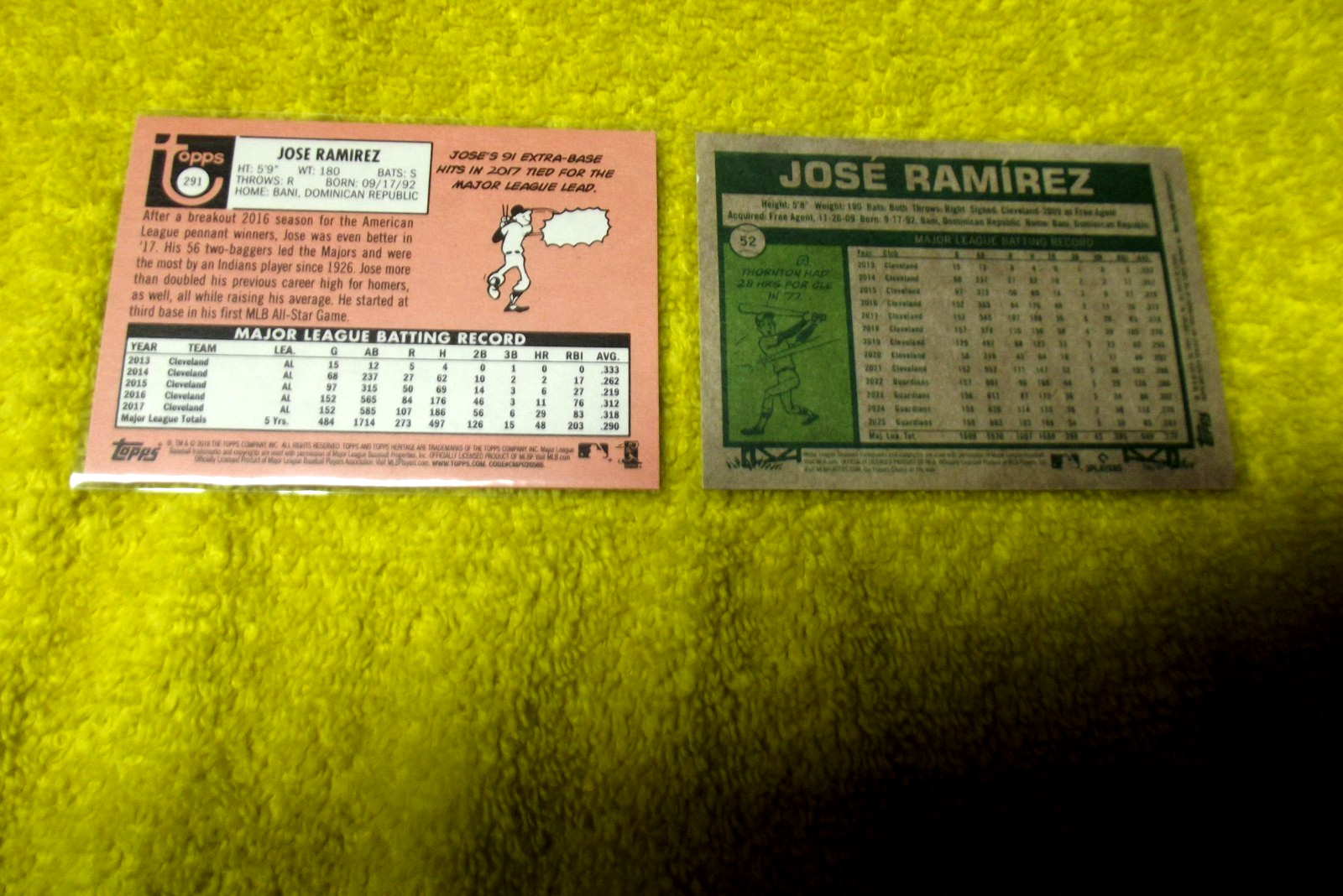 2018 Topps Heritage Baseball JOSE RAMIREZ #291 MT & 2026 HERITAGE JOSE #52 MINT