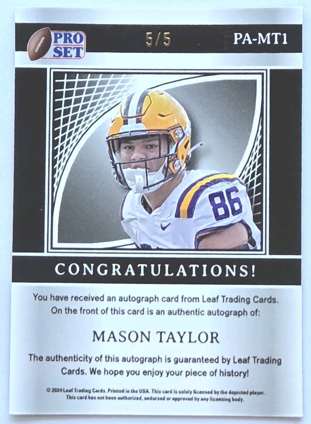MASON TAYLOR 5/5 AUTO 2024 LEAF PRO SET METAL BLACK CRYSTAL BORDERED ROOKIE LSU!