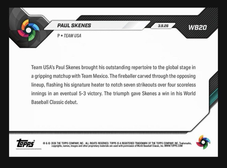 Paul Skenes – 2026 Topps NOW World Baseball Classic Debut – Card 20 PRESALE