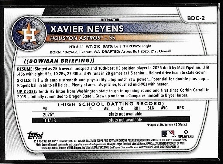 2025 Bowman Draft Xavier Neyens #BDC-2 1st Chrome Refractor Houston Astros
