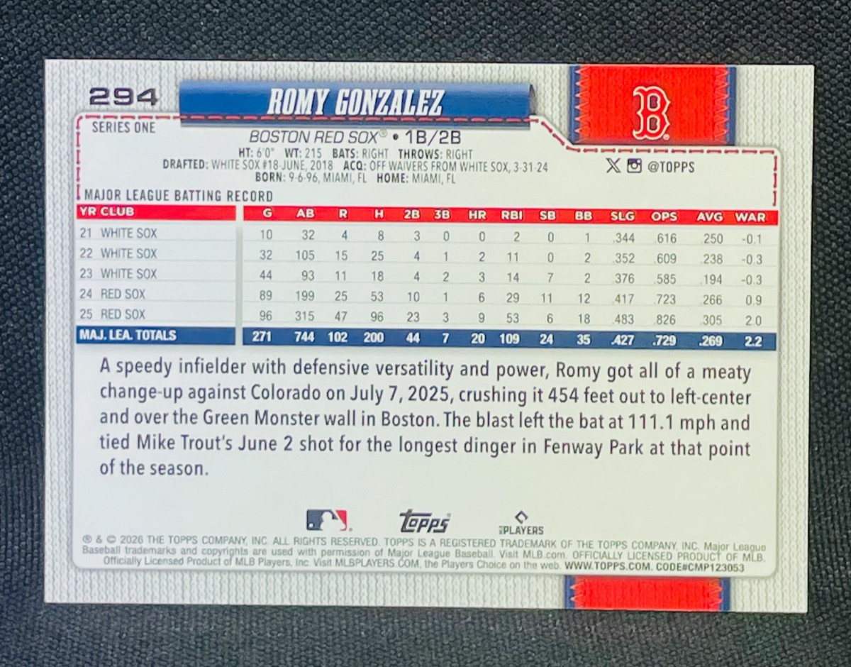 2026 Topps Series One Baseball Card #294 – ROMY GONZALEZ – BOSTON RED SOX