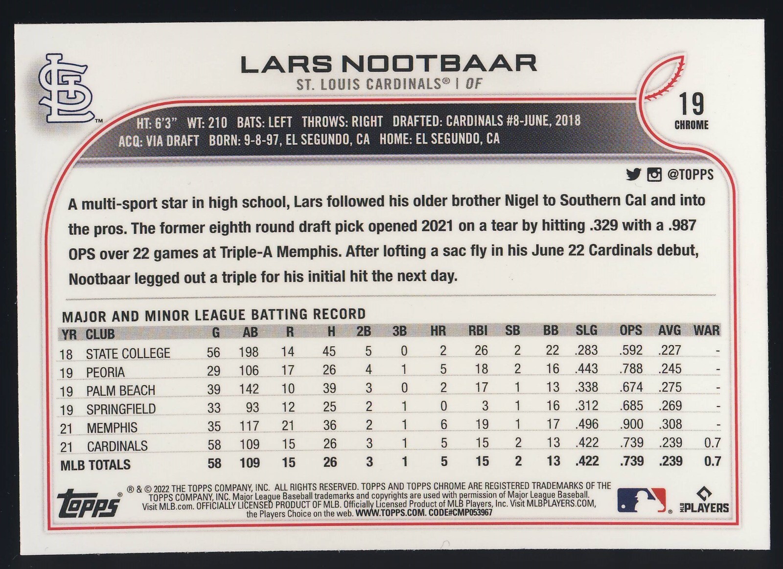 2022 MLB Topps Chrome Base Paper Rookie Card #19 Lars Nootbaar RC Cardinals QTY