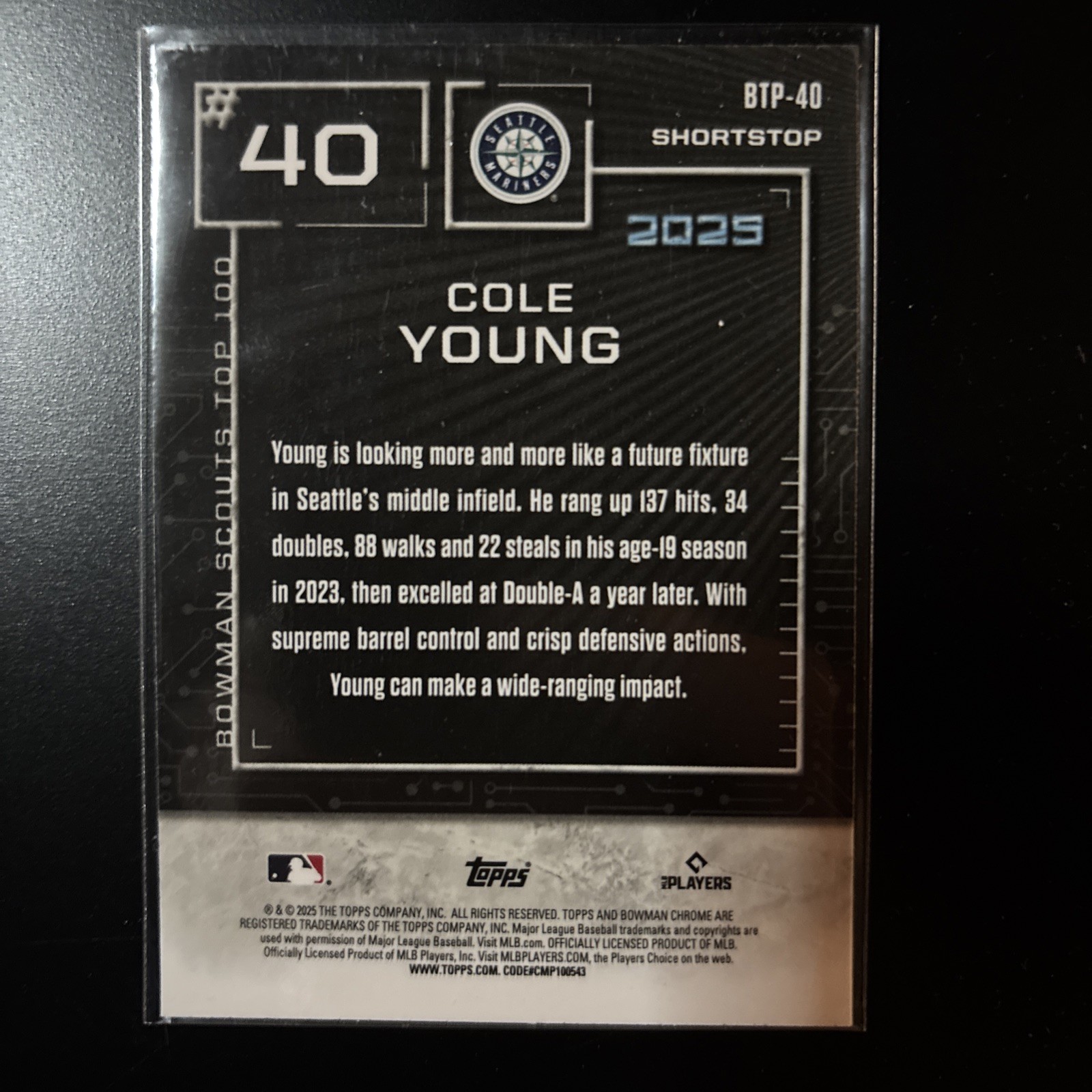 2025 Bowman Top 100- Cole Young Chrome Aqua Refractor /125 BTP-40 Mariners