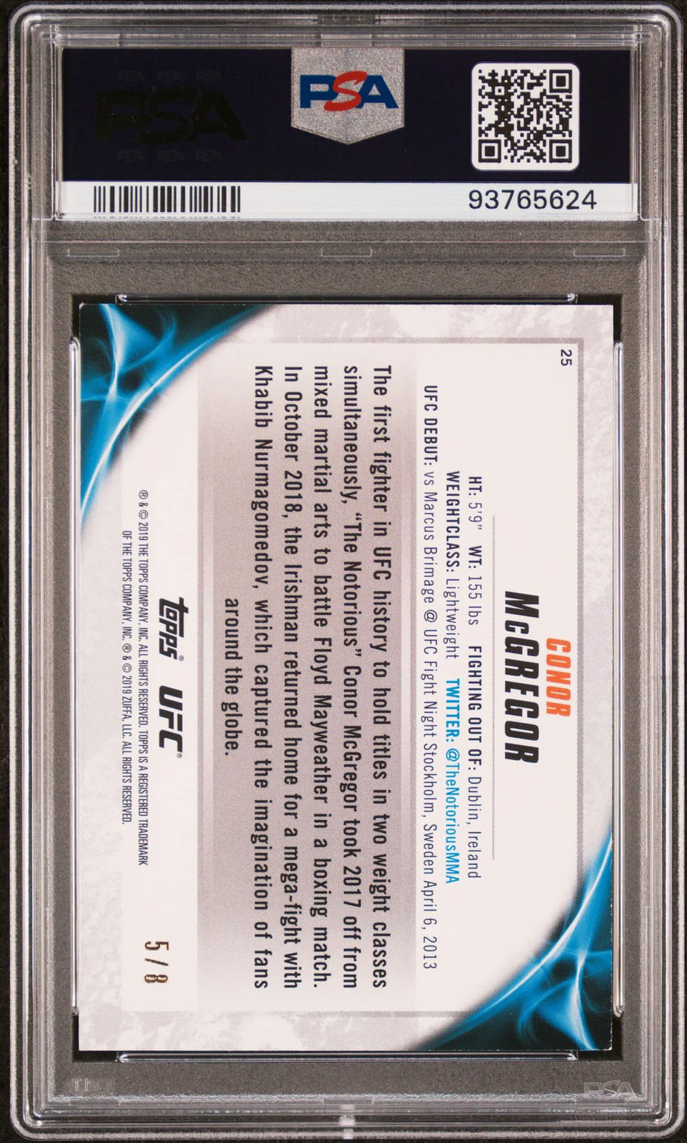 Conor McGregor 2019 Topps UFC Knockout Red Ruby SSP SHORTPRINT 5/8 PSA 8