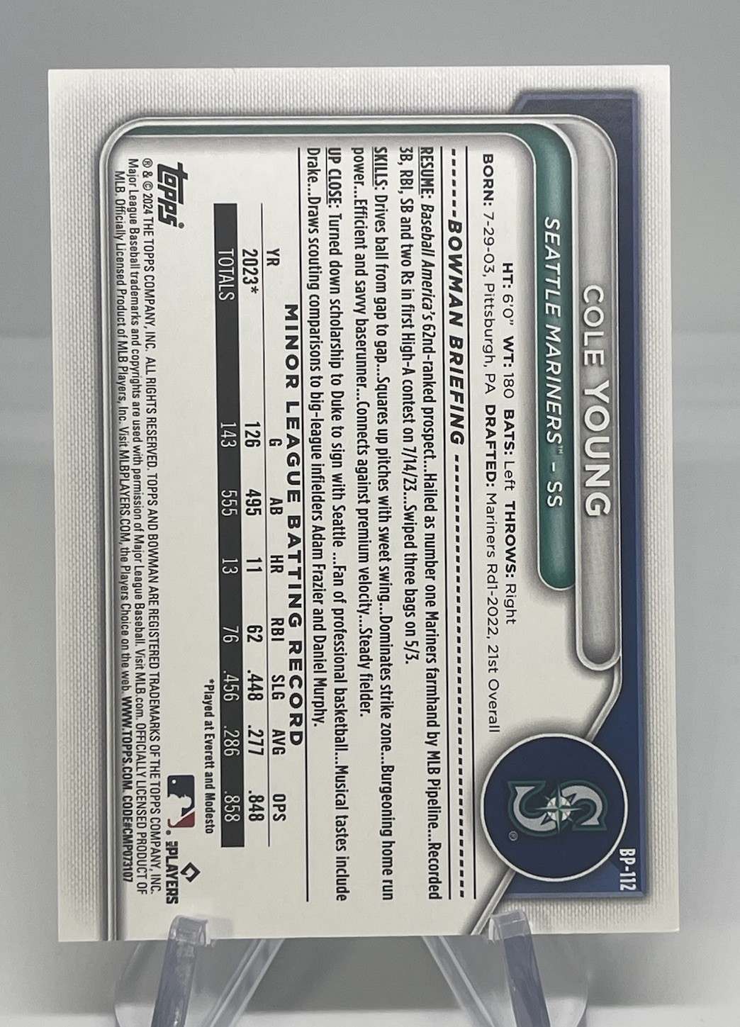 Cole Young /199 2024 Bowman – Prospects #BP-112 Purple Pattern. Seattle