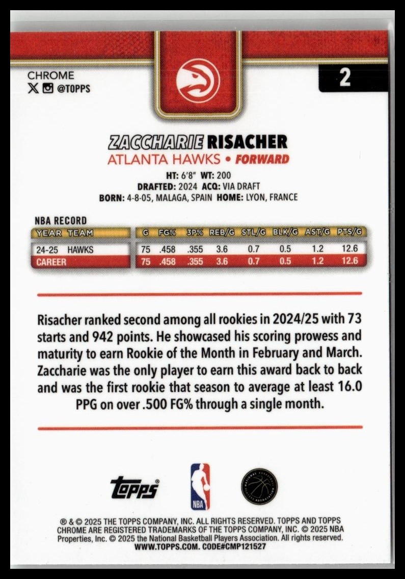 Zaccharie Risacher 2025-26 Topps Chrome X-Fractor #2 Atlanta Hawks