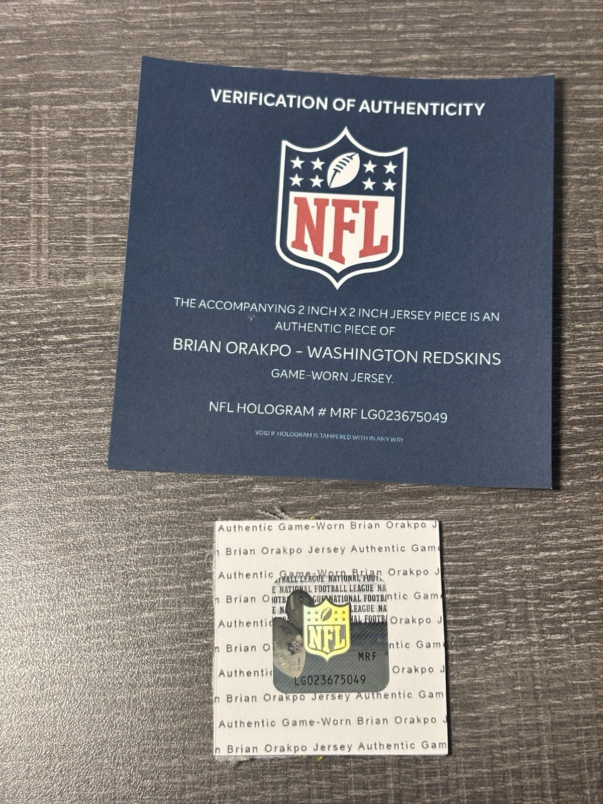BRIAN ORAKPO GAME USED WORN DIRTY PATCH NFL COA HOLOGRAM WASHINGTON REDSKINS