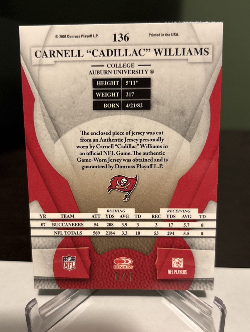 2008 Leaf Certified Carnell Cadillac Williams 1/1 NFL Shield game used material