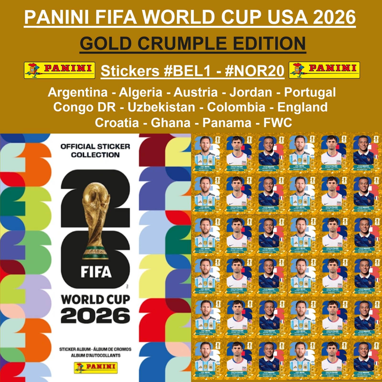 GOLD CRUMPLE ONLINE Panini FIFA World Cup 2026 Stickers #ARG1 – #FWC19