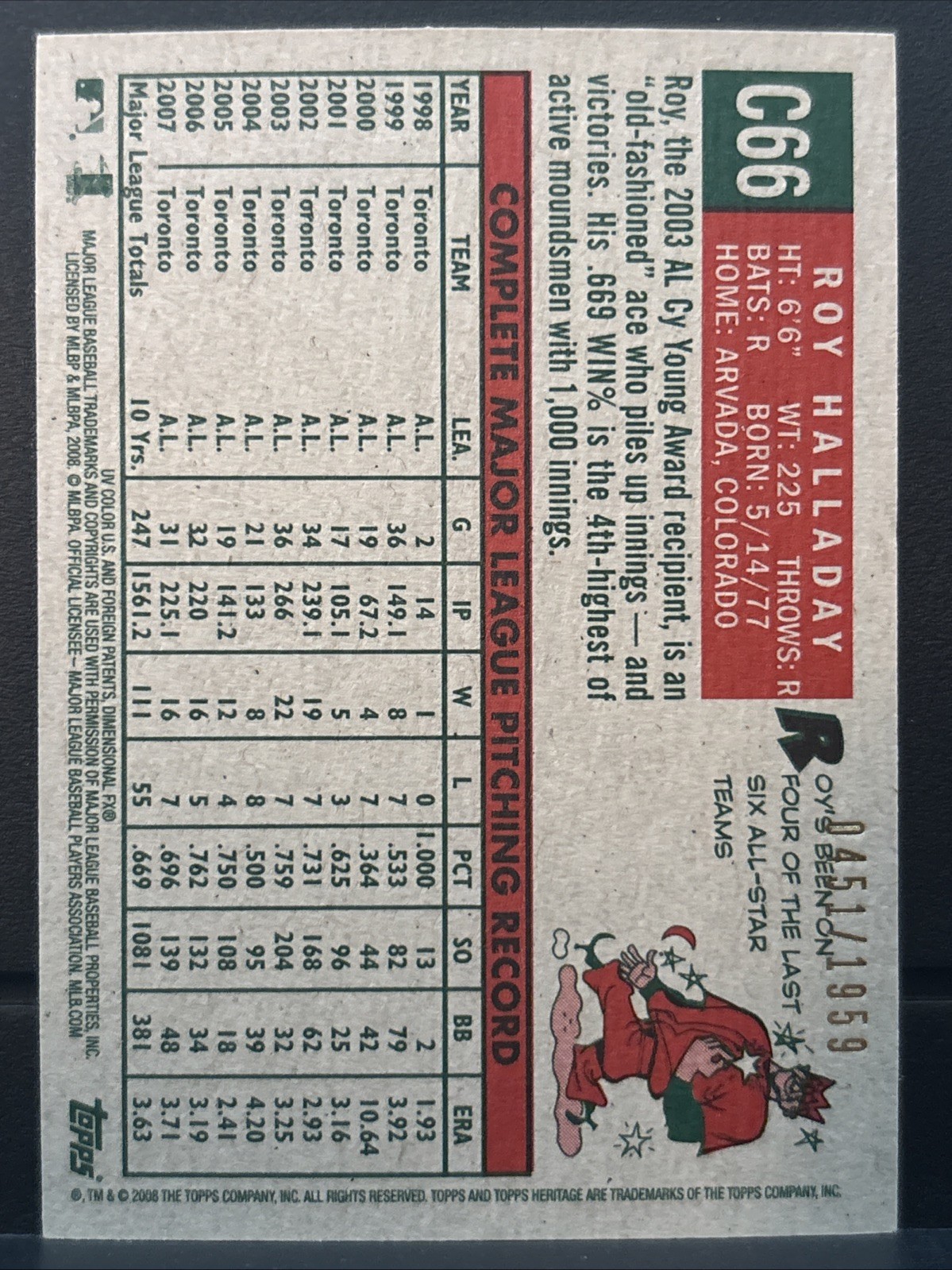 2008 Topps Heritage Chrome Roy Halladay #C66 /1959 – Blue Jays