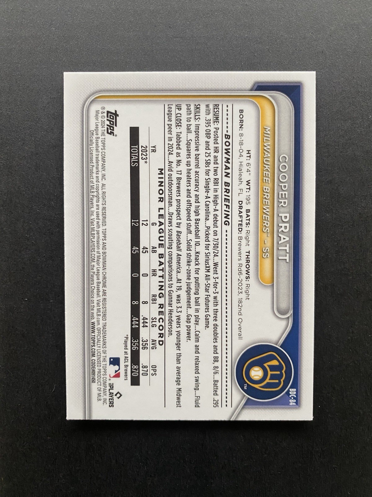 2024 Bowman Draft – Chrome Cooper Pratt #BDC-84 Aqua Wave Refractor /125 (RC)