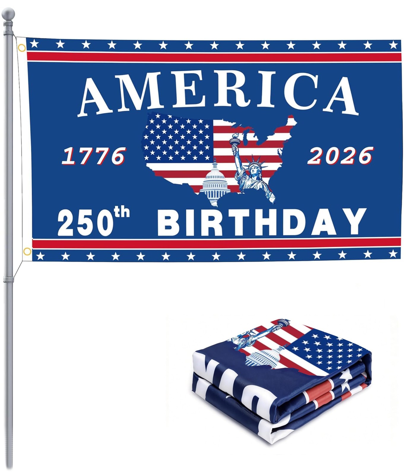 250th Anniversary USA Flag 3×5 Ft Double Sided, 3-Layer Thick Patriotic Blue