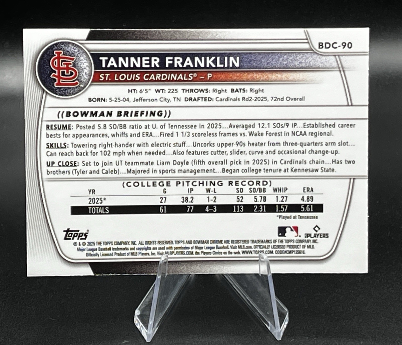 Tanner Franklin 2025 Bowman Draft Chrome 1st #BDC-90 Mojo St Louis Cardinals