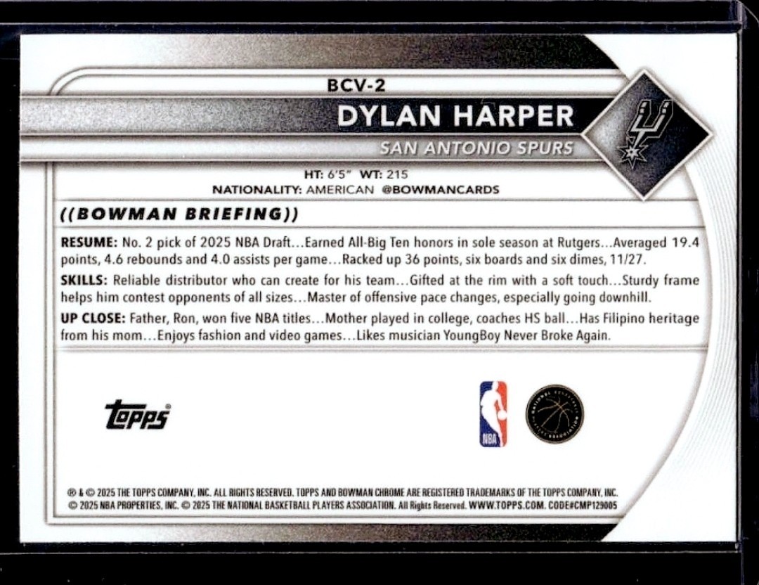 Dylan Harper RC 2025-26 Bowman Chrome Base HM9 BCV-2 San Antonio Spurs