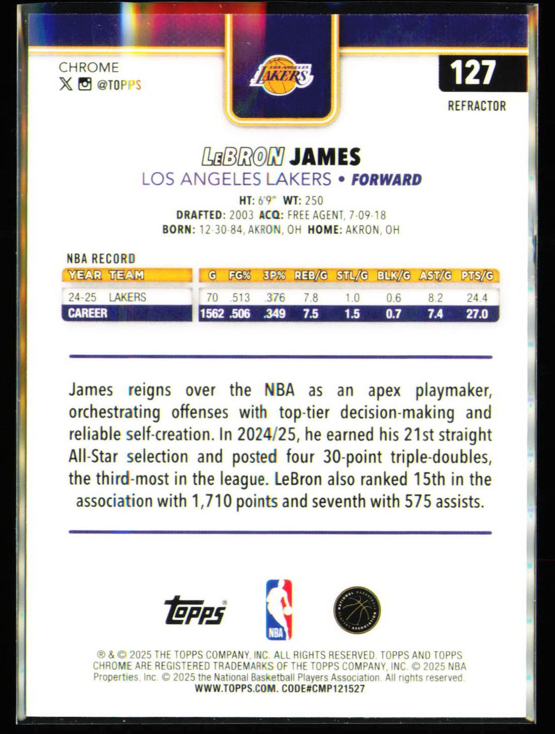 2025-26 Topps Chrome LeBron James Refractor #127 Los Angeles Lakers