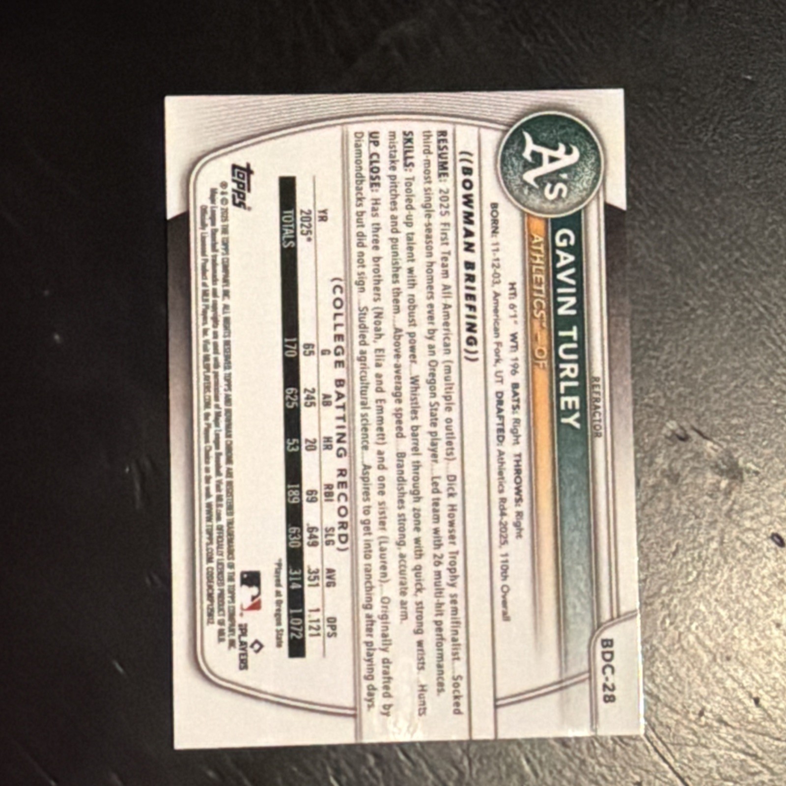 Gavin Turley 2025 Bowman Chrome Draft Refractor – 1st Bowman – Athletics ⭐️ OF