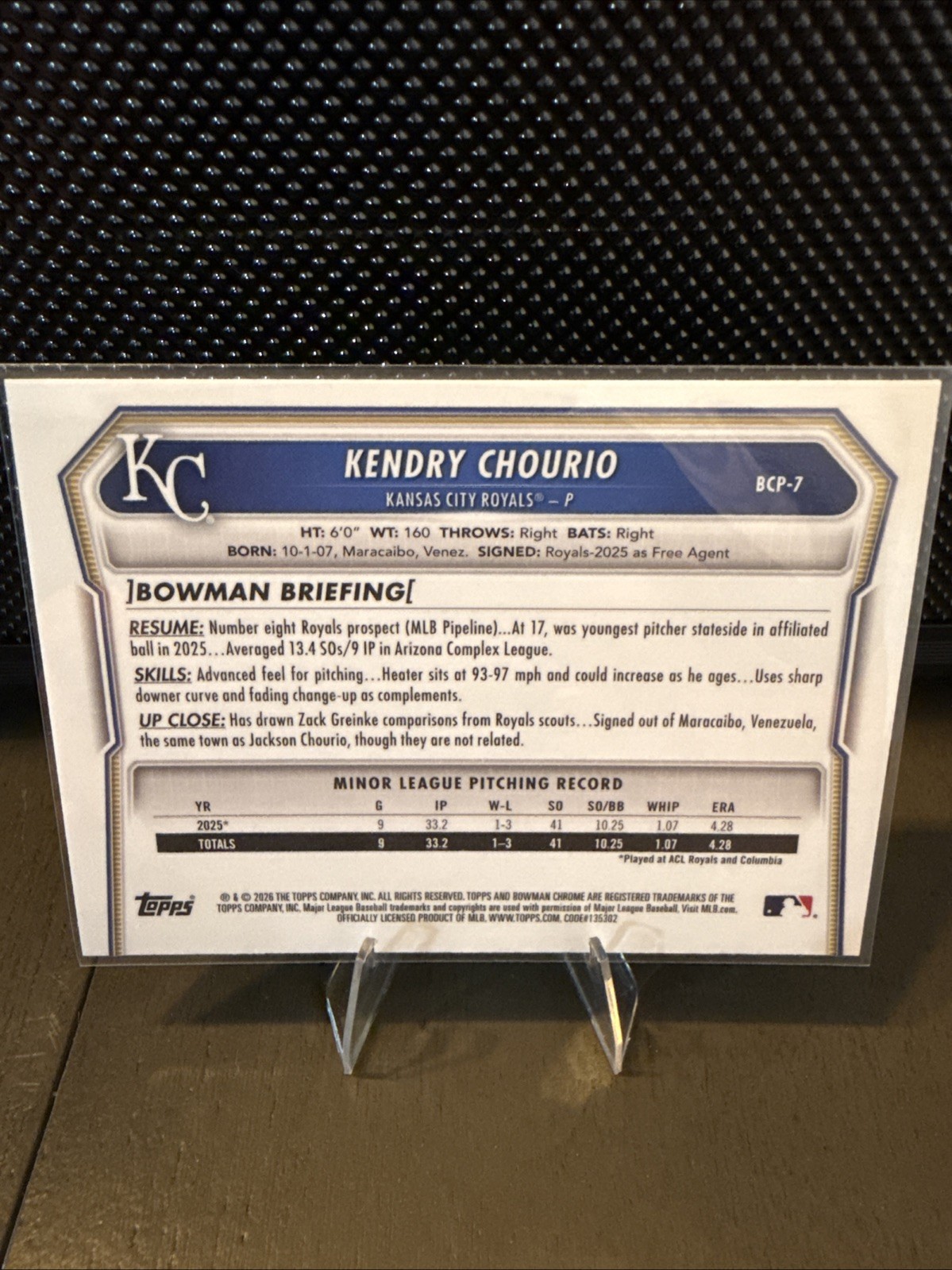 2026 Bowman 1st Chrome Prospect #BCP-7 Kendry Chourio RC KC Royals