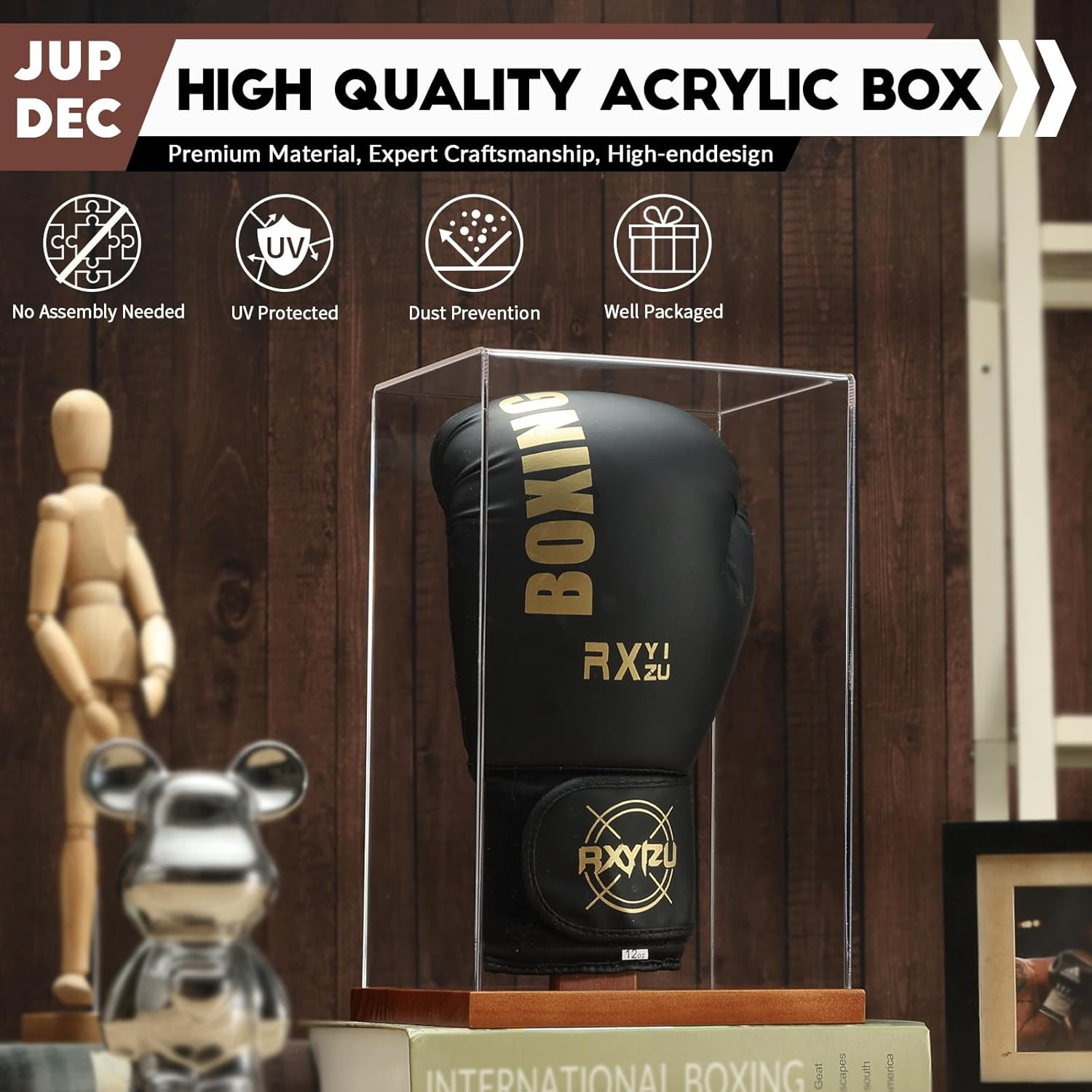 Jupdec Boxing Glove Display Case, Clear Acrylic Showcase with Wood Base & Plank