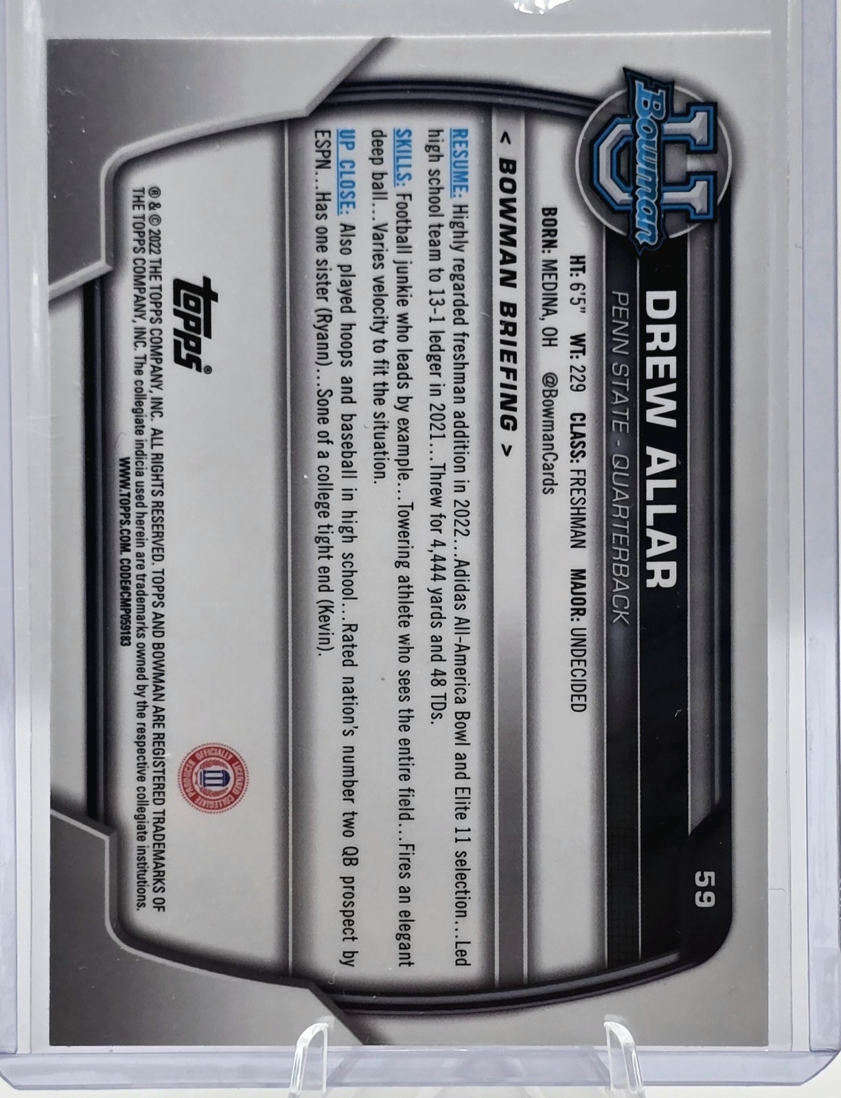 2022 Topps Chrome Bowman U Drew Allar Pink Refractor 1st Bowman