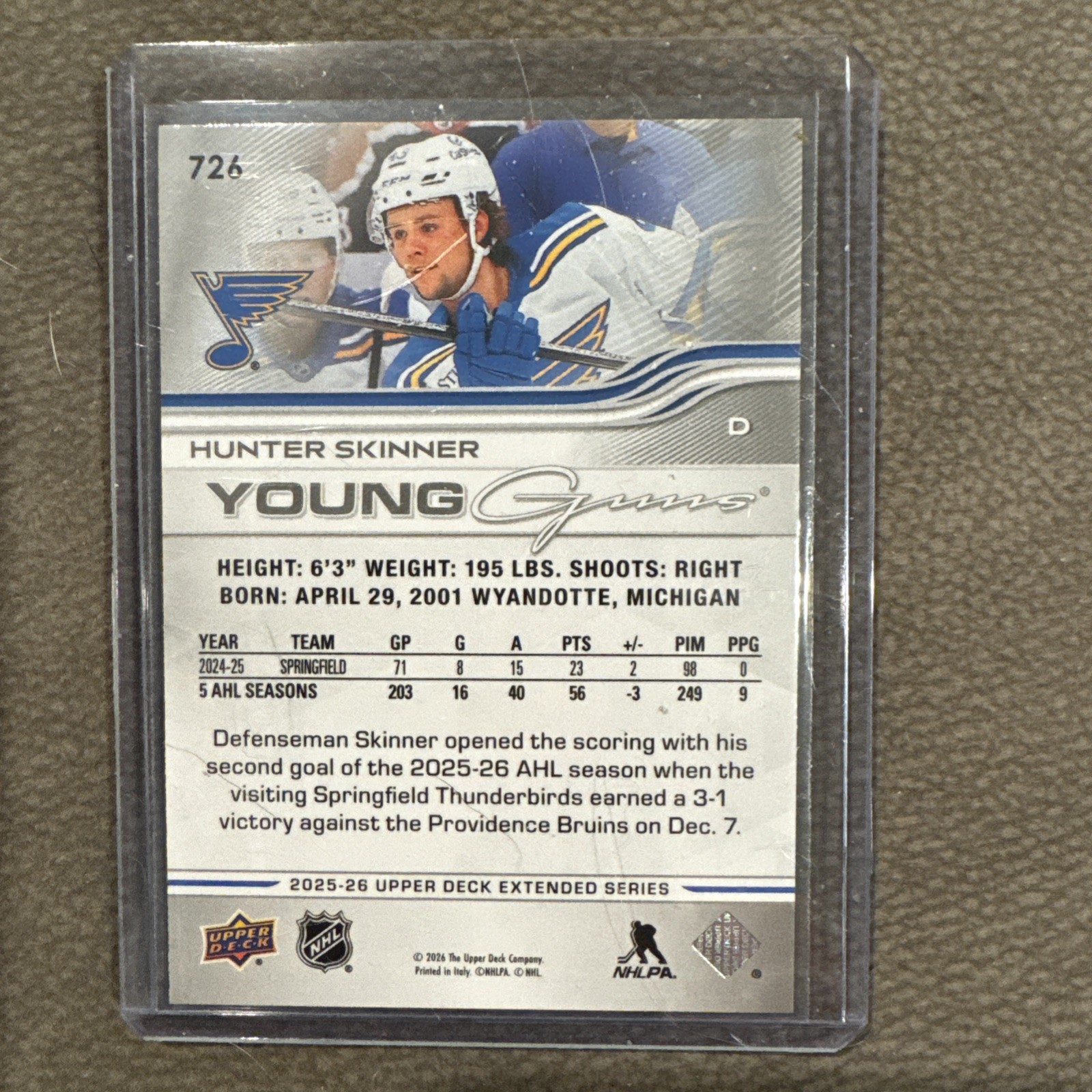 2025-26 Upper Deck Extended Series Hunter Skinner Young Guns #726 St Louis Blues