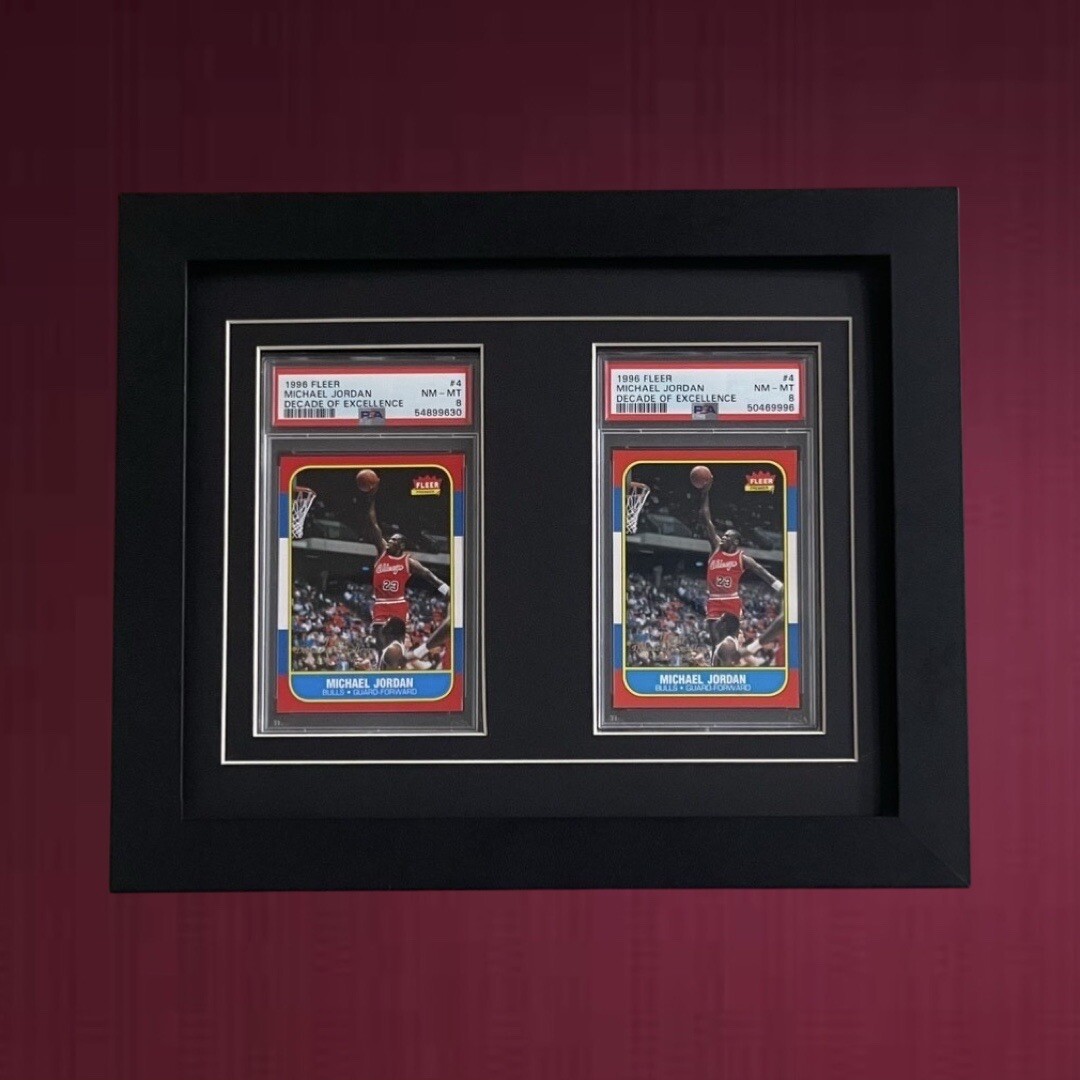 Black Wood Frame W/Black Mats/White Cores for Two STANDARD PSA GRADED CARDS