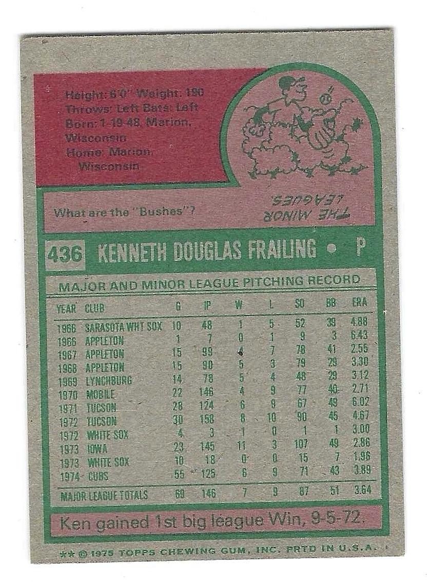 Ken Frailing 1975 Topps Mini #436 Chicago Cubs EX