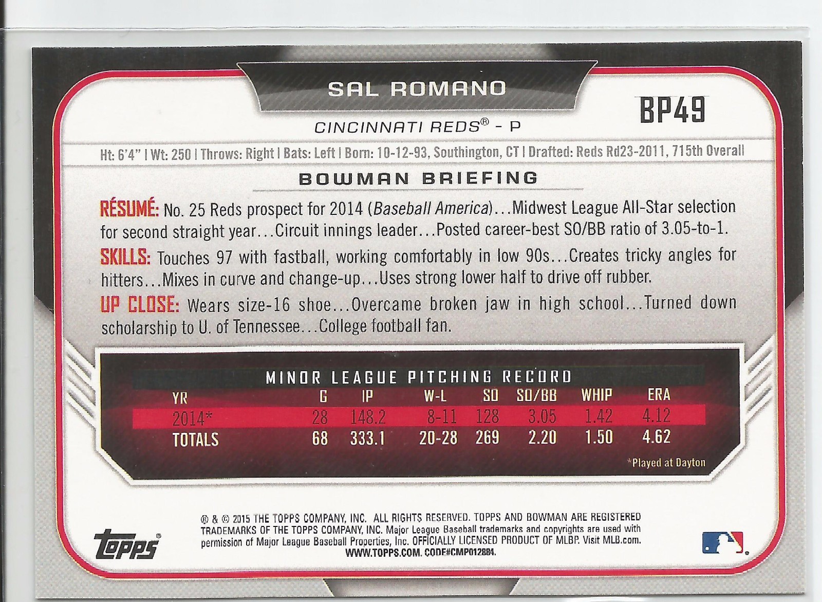 Sal Romano Cincinnati Reds 2015 Bowman Prospect Card