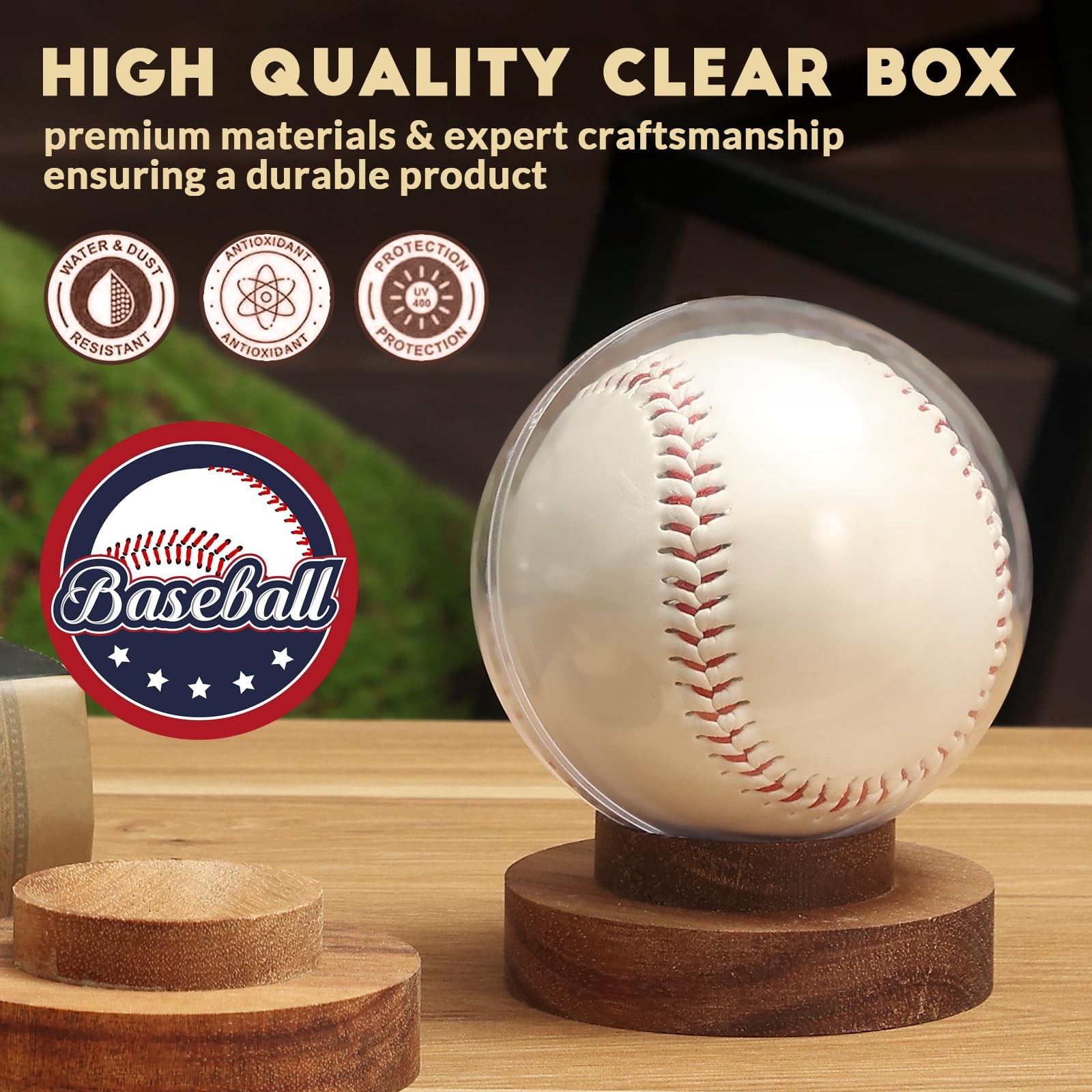 Baseball Display Case, Round Clear Ball Holder with Wooden Base, Autograph Ba…