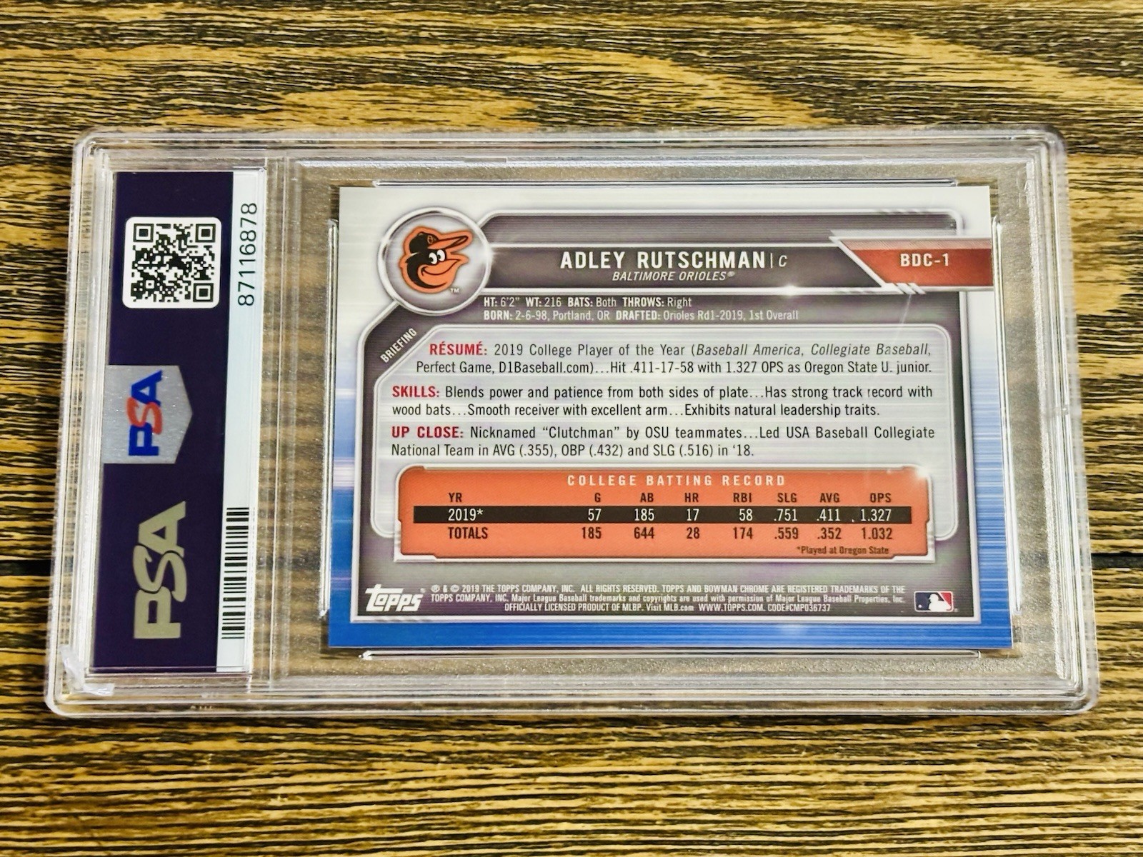 2019 Bowman Draft Adley Rutschman Chrome 1st Prospect Orioles PSA 10 Gem Mint