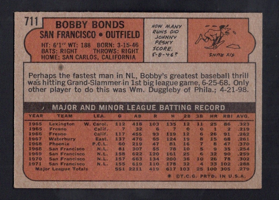 1972 Topps Baseball #711 Bobby Bonds High Number SF Giants EX-MT *centered*