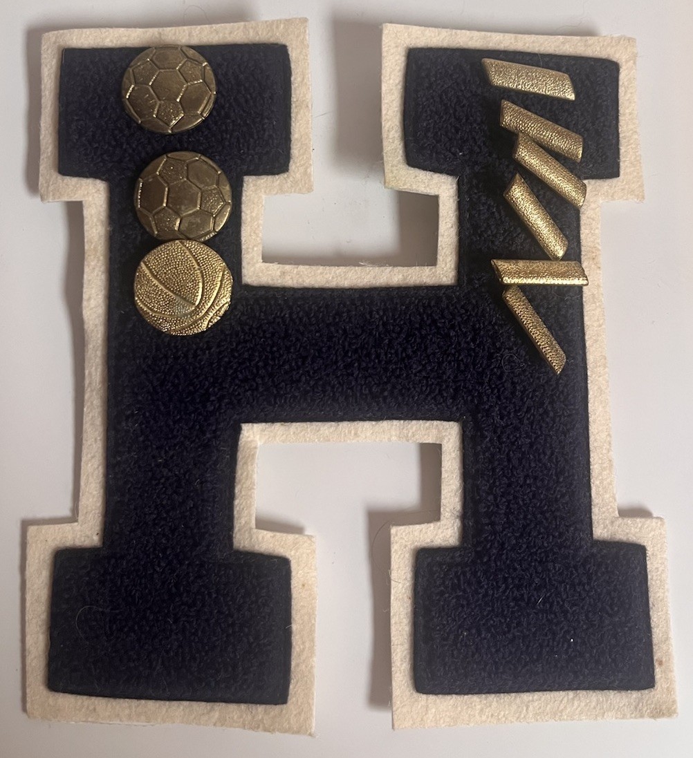 Varsity Letter H Patch With Soccer and Basketball Award Pins Blue with White