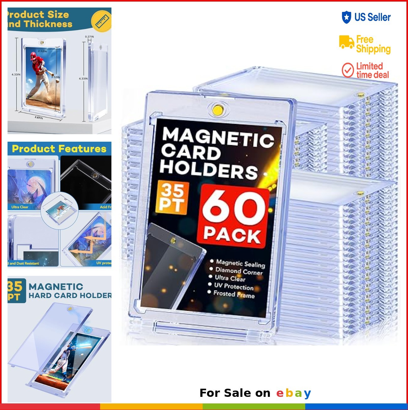 Magnetic Card Holders 60 Count 35pt One Touch UV Protection Clear Acrylic Case