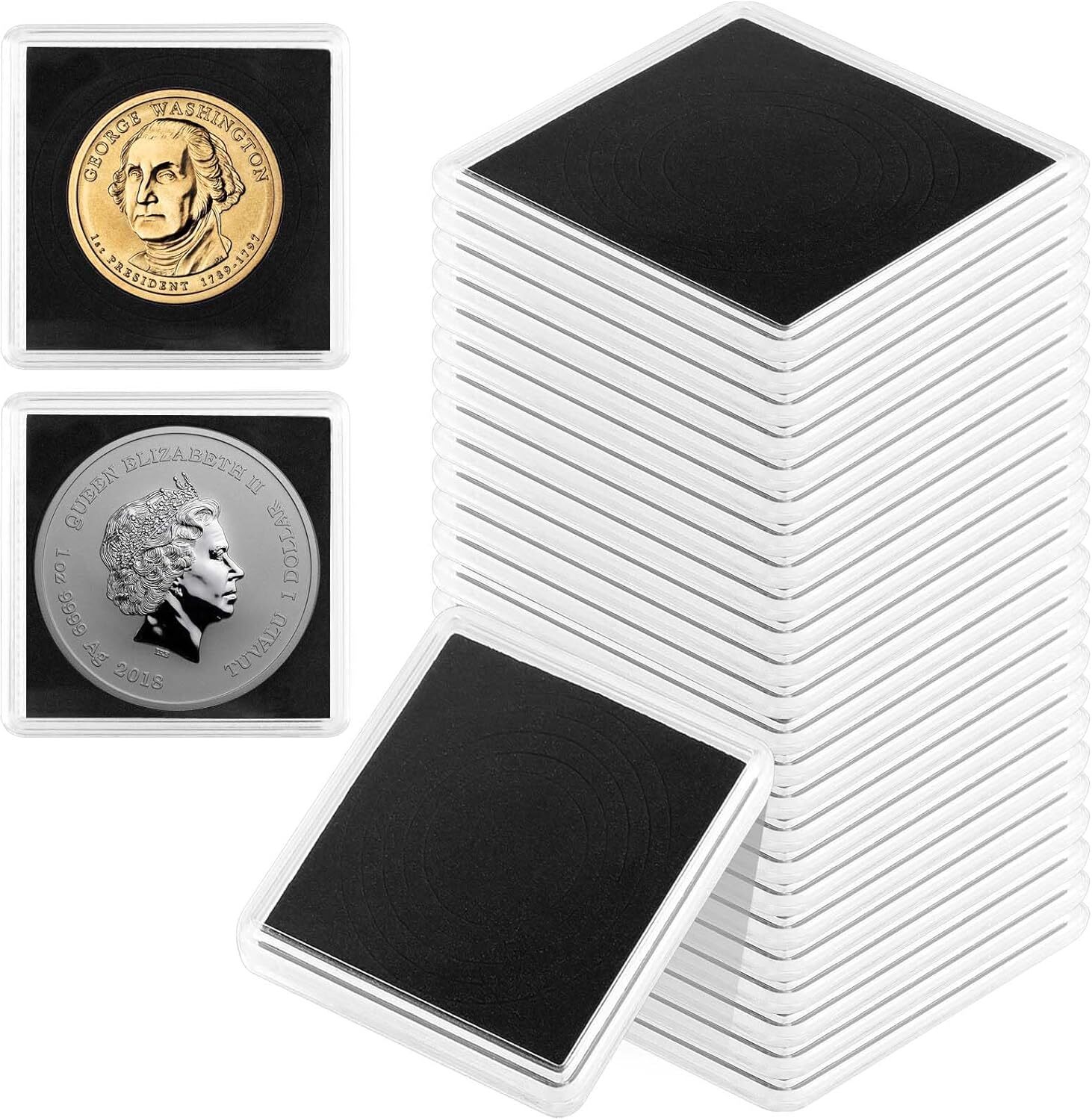 30Pcs Adjustable Acrylic Coin Collection Cases with Sponges Coin Snap Holder USA