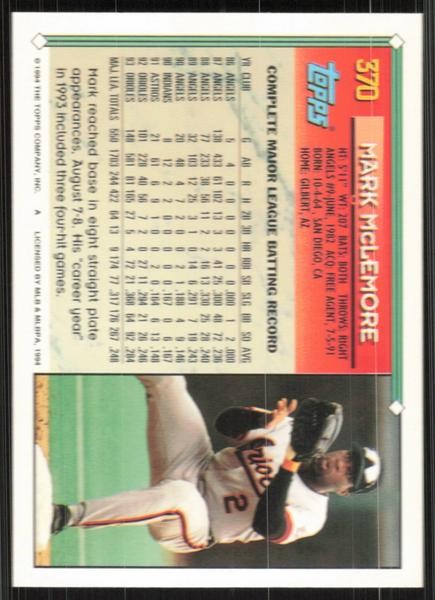 Mark McLemore, 1994 Topps, #370, Baltimore Orioles,