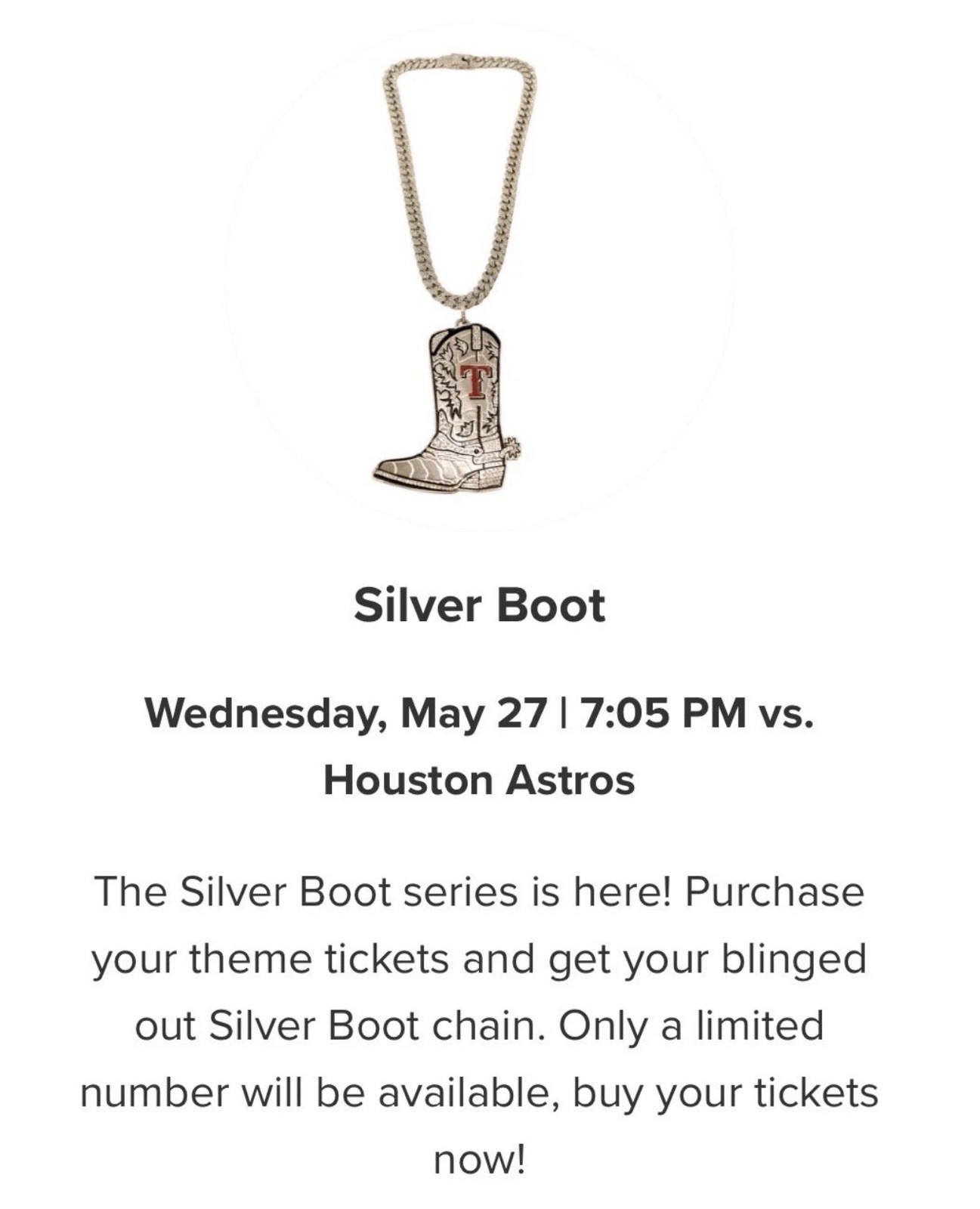 Texas Rangers Silver Boot Chain Necklace Theme Night 5/27/26