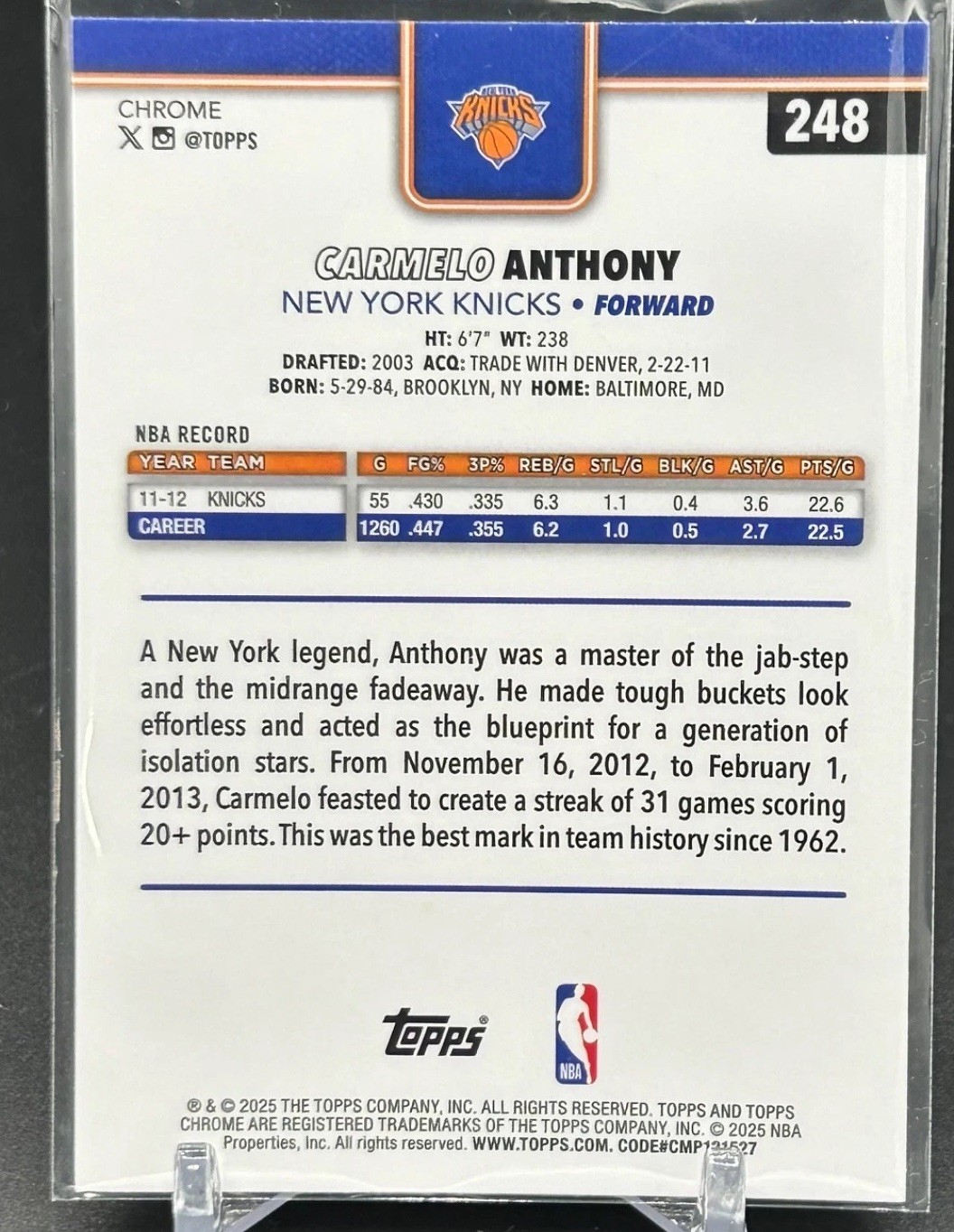 2025-26 Topps Chrome – Carmelo Anthony #248 Knicks