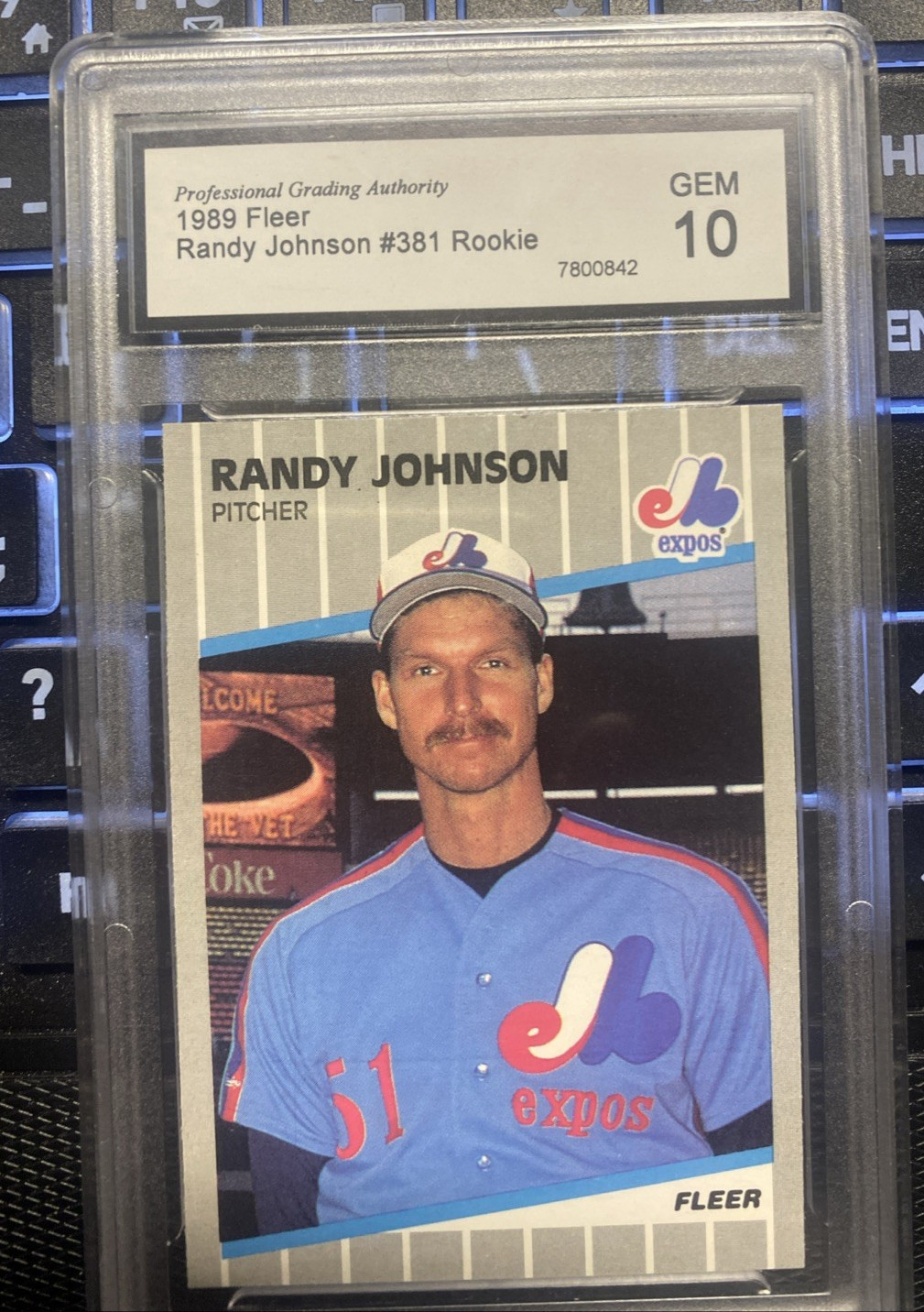 RANDY JOHNSON RC 1989 FLEER #381 AD COMPLETELY BLACKED OUT EXPOS HOF PGA Gem 10