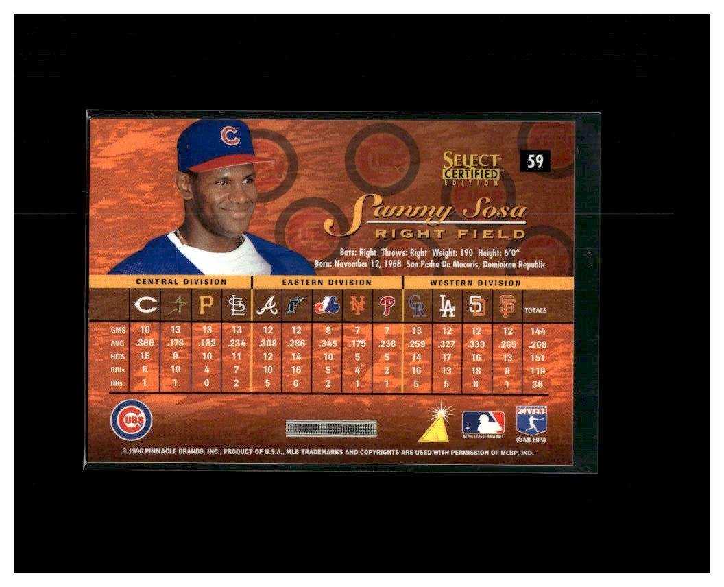 1996 Select Certified Edition – Sammy Sosa #59 Red /1800 w/Peel